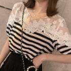 Lace Panel Short-sleeve T-shirt Stripe - Black & White - One Size