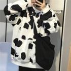 Cow Printed Fleece-lined Hoodie As Shown In Figure - One Size