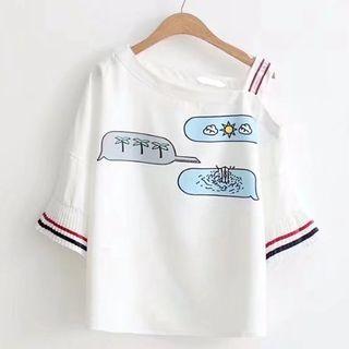 Elbow-sleeve Cold Shoulder Print T-shirt