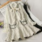 Set: Ribbon-neckline Loose Chiffon Top + Woolen Tank Dress