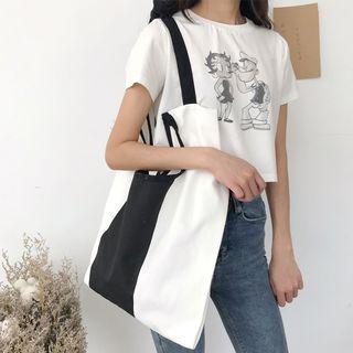 Color Block Canvas Tote Bag Panel - Black & White - One Size