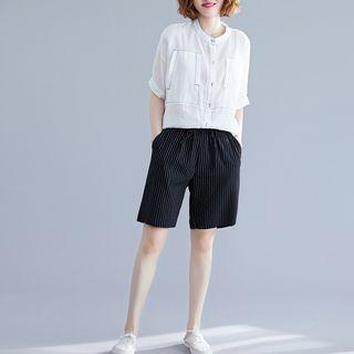 Elbow-sleeve Stitch Trim Buttoned Top