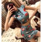 Set: Cap-sleeve Floral Print Qipao Top + Mini Fitted Skirt