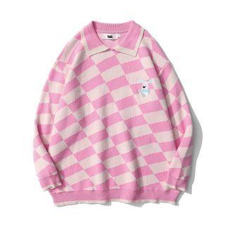 Collared Embroidered Irregular Check Sweater