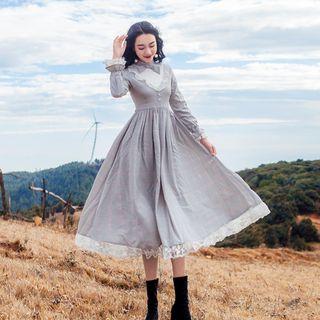 Long-sleeve Lace-trim A-line Midi Dress