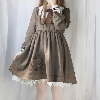 Long-sleeve Print Lace-hem A-line Dress With Bow