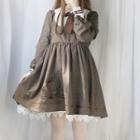 Long-sleeve Print Lace-hem A-line Dress With Bow