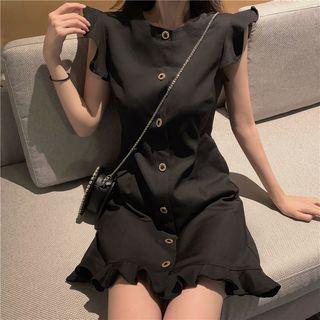 Sleeveless Ruffle Trim Plain Dress Black - One Size