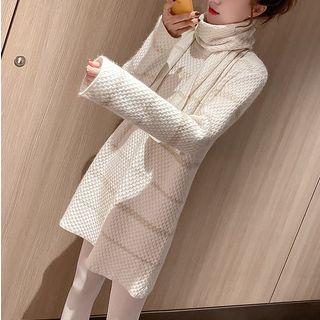 Set: Striped Mini Sweater Dress + Scarf Almond - One Size