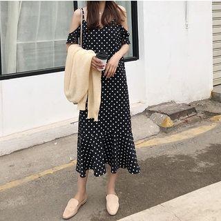 Dotted Off-shoulder Short-sleeve Midi Dress