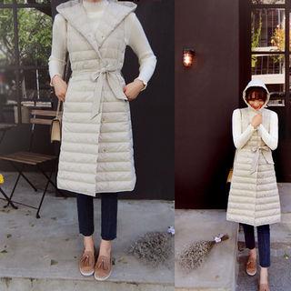 Duck Down Hooded Long Padded Vest With Sash