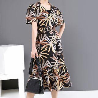 Short-sleeve Patterned Double-breasted Midi A-line Dress