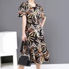 Short-sleeve Patterned Double-breasted Midi A-line Dress