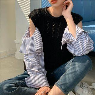 Cold-shoulder Pinstripe Sleeve Sweater