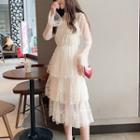 Set: Tiered Lace Long-sleeve Midi Dress + Slipdress 01 - Beige - One Size