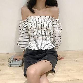 Off-shoulder Long-sleeve Striped Smocked Top Stripe - White - One Size