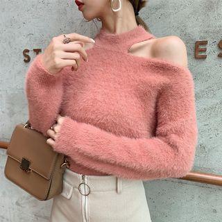 Cold Shoulder Furry Sweater