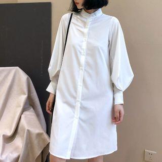 Stand-collar Long-sleeve Midi Shirtdress