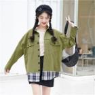 Color-block Striped Pocket Button-up Oversize Shirt Army Green - One Size