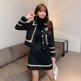 Set : Single-button Gold Silk Lapel Jacket + Mini Skirt