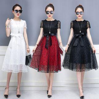 Short-sleeve Ribbon Midi A-line Lace Dress