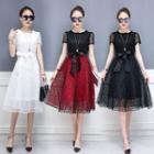 Short-sleeve Ribbon Midi A-line Lace Dress