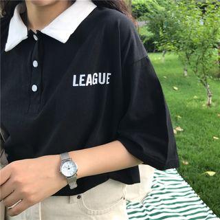 Lettering Color Panel Elbow Sleeve Polo Shirt