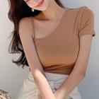 Short-sleeve Asymmetrical Shoulder Plain T-shirt