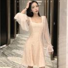 Faux Pearl Mesh Sleeve Square-neck A-line Mini Dress