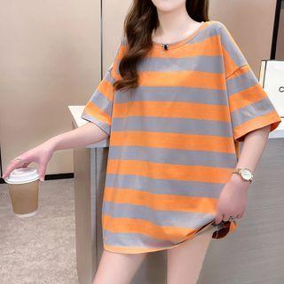 Oversized Elbow-sleeve Striped T-shirt