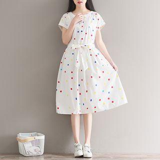 Dotted Short-sleeve Midi A-line Dress