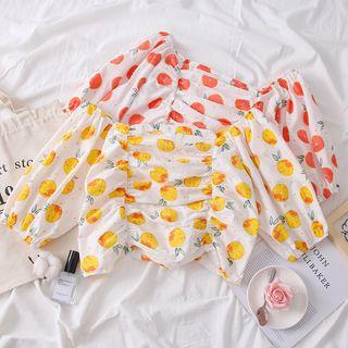 Boatneck Lemon-print Ruched Crop Blouse