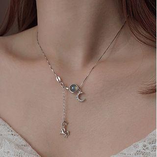 925 Sterling Silver Moonstone Unicorn & Moon Pendant Necklace