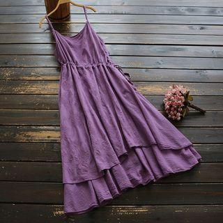 Flower Embroidered Drawstring Spaghetti Strap Midi A-line Dress