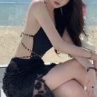 Halter-neck Chain Camisole Top / High-waist Slit Midi Skirt