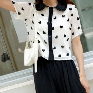 Heart Print Short-sleeve Shirt + Camisole / Jumper Shorts