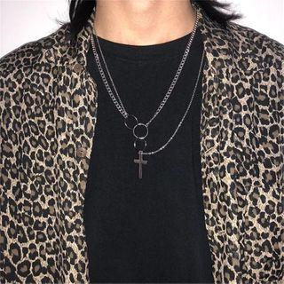 Cross Pendant Layered Chain Necklace Silver - One Size