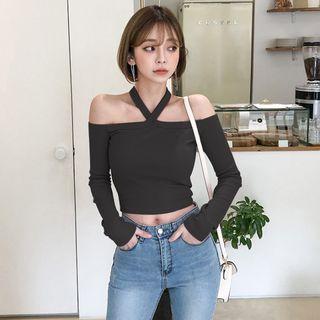 Halter Cold-shoulder Long-sleeve Cropped T-shirt