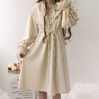 Long-sleeve Drawstring A-line Dress Almond - One Size