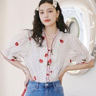 Puff-sleeve Floral Print Dotted Blouse