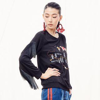Long-sleeve Embroidered Fringed Top