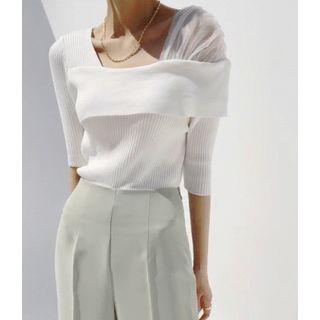 Square-neck Mesh-trim Rib-knit Top