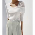 Square-neck Mesh-trim Rib-knit Top