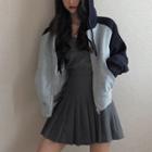 Raglan Hooded Zip Jacket / Pleated Mini A-line Skirt