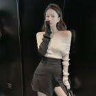 Off-shoulder Ribbed Sweater / Asymmetric Mini Pencil Skirt