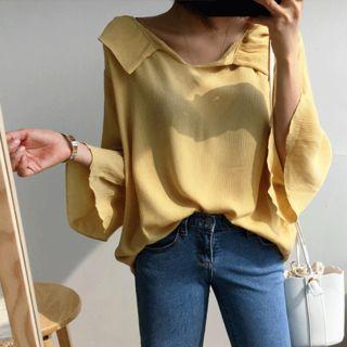 Ruffle-collar Bell-sleeve Crinkled Top