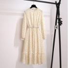 Cable-knit Cardigan / Long-sleeve Flower Print Midi A-line Dress