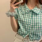 Short-sleeve Plaid Blouse Gingham - Green & White - One Size