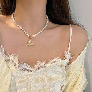 Butterfly Pendant Cat Eye Stone Faux Pearl Choker