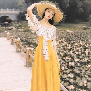 Elbow-sleeve Cold Shoulder Dotted Midi A-line Dress